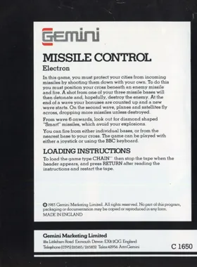 Missile Control (1983)(Gemini Games) box cover back